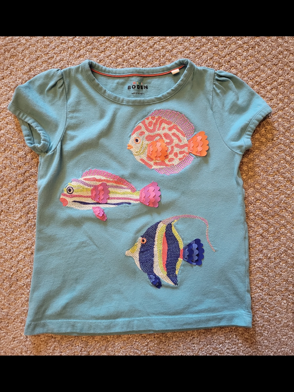 Mini Boden Turquoise Tee with Colorful Fish Appliqués